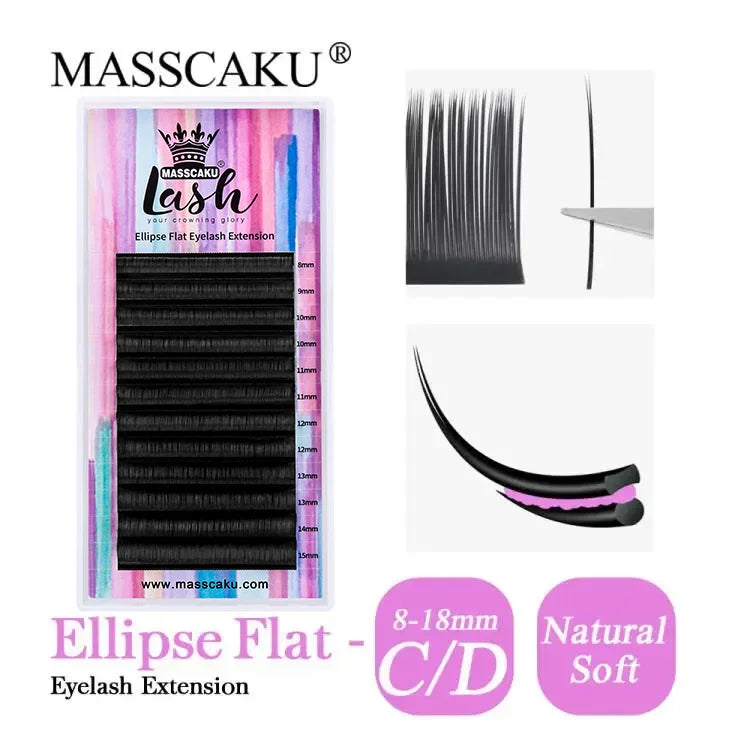 MASSCAKU Super Soft Ellipse Shape Lashes 0.15 0.20 Thickness Natural Faux Mink Eyelashes Extension Custom Logo Matte Flat Lashes
