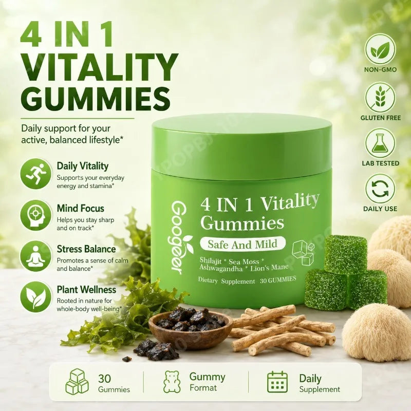 4 in1 Vitality Gummies with Shilajit Sea Moss Ashwagandha Lion‘s Mane Daily Wellness Support 30 Gummies