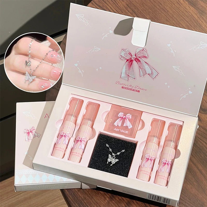ART VALUE 6Pcs Makeup Set Include 4pc Velvet Nude Matte Liquid Lipstick And 1pc Face Blush Palette With Necklace Gift Cosmetics