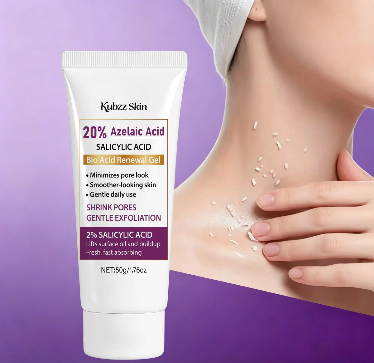 Kubzz Skin 20% Azelaic Acid Salicylic Acid Renewing Gel 50G——Pore-Shrinking Exfoliating Gel, Contains 2% Salicylic Acid, Smooths Skin, Gentle Exfoliation, Removes Surface Oil and Dirt, Refreshing and Quickly Absorbed, Sui