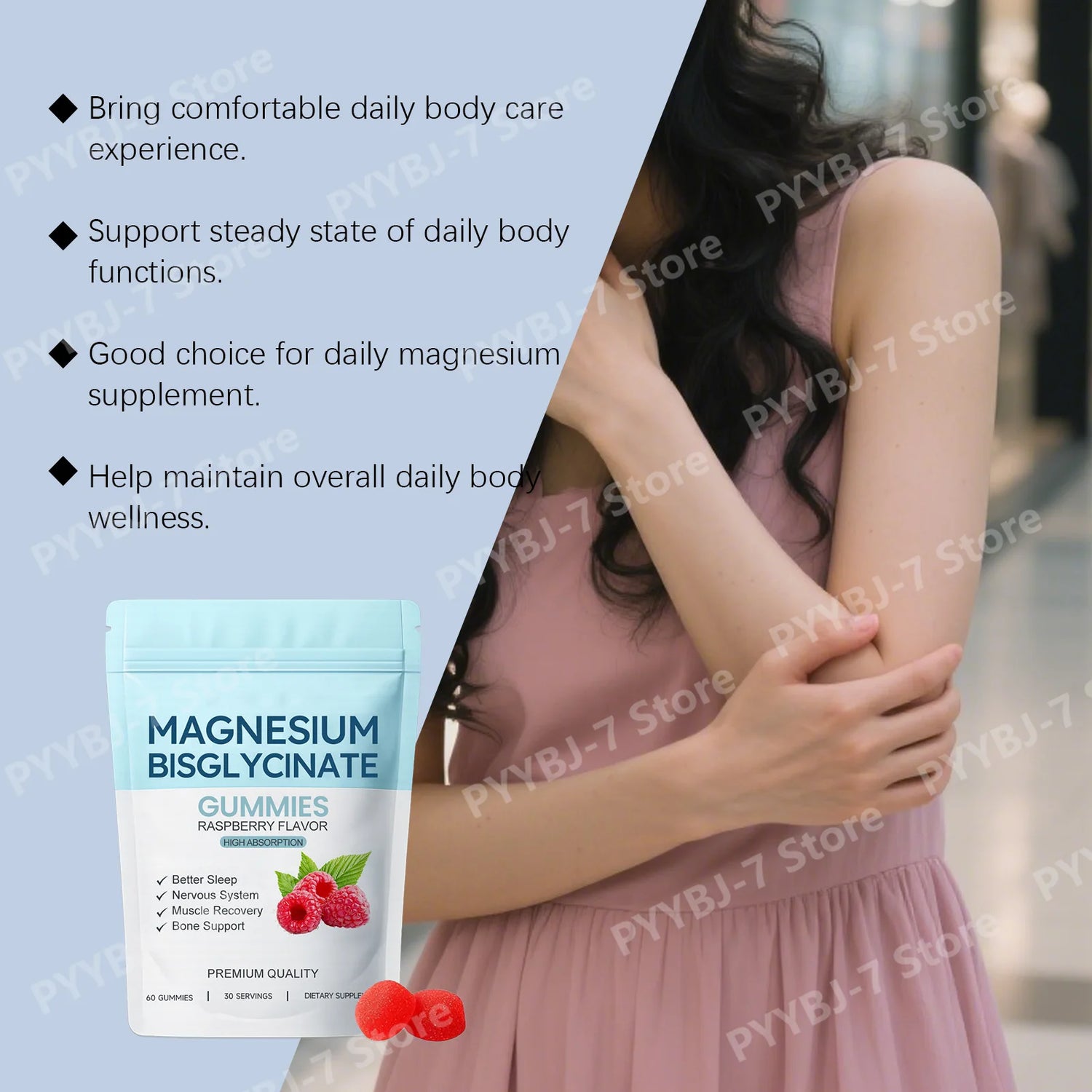 Magnesium Bisglycinate Gummies for Adult Sleep Support and Nervous System Health Muscle Recovery 60 Gummies Raspberry Flavor