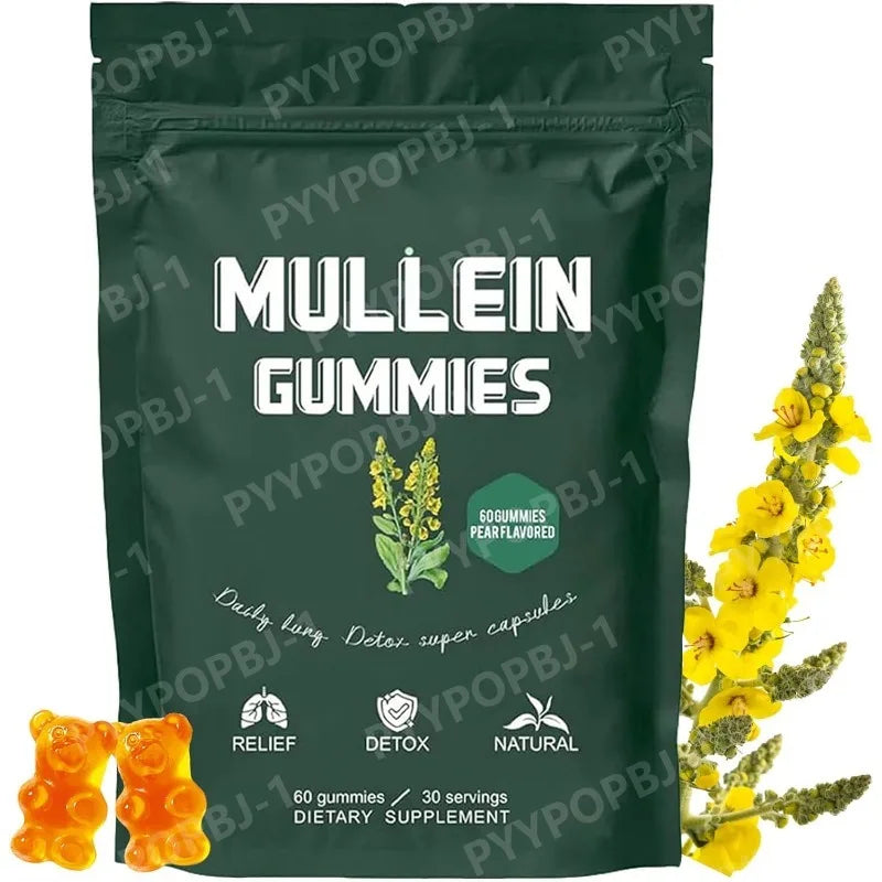 Mullein Gummies with Mullein Leaf Herb Extract Daily Lung Respiratory Health Support Sinus Relief Pear Flavor 60 Pieces Per Bag