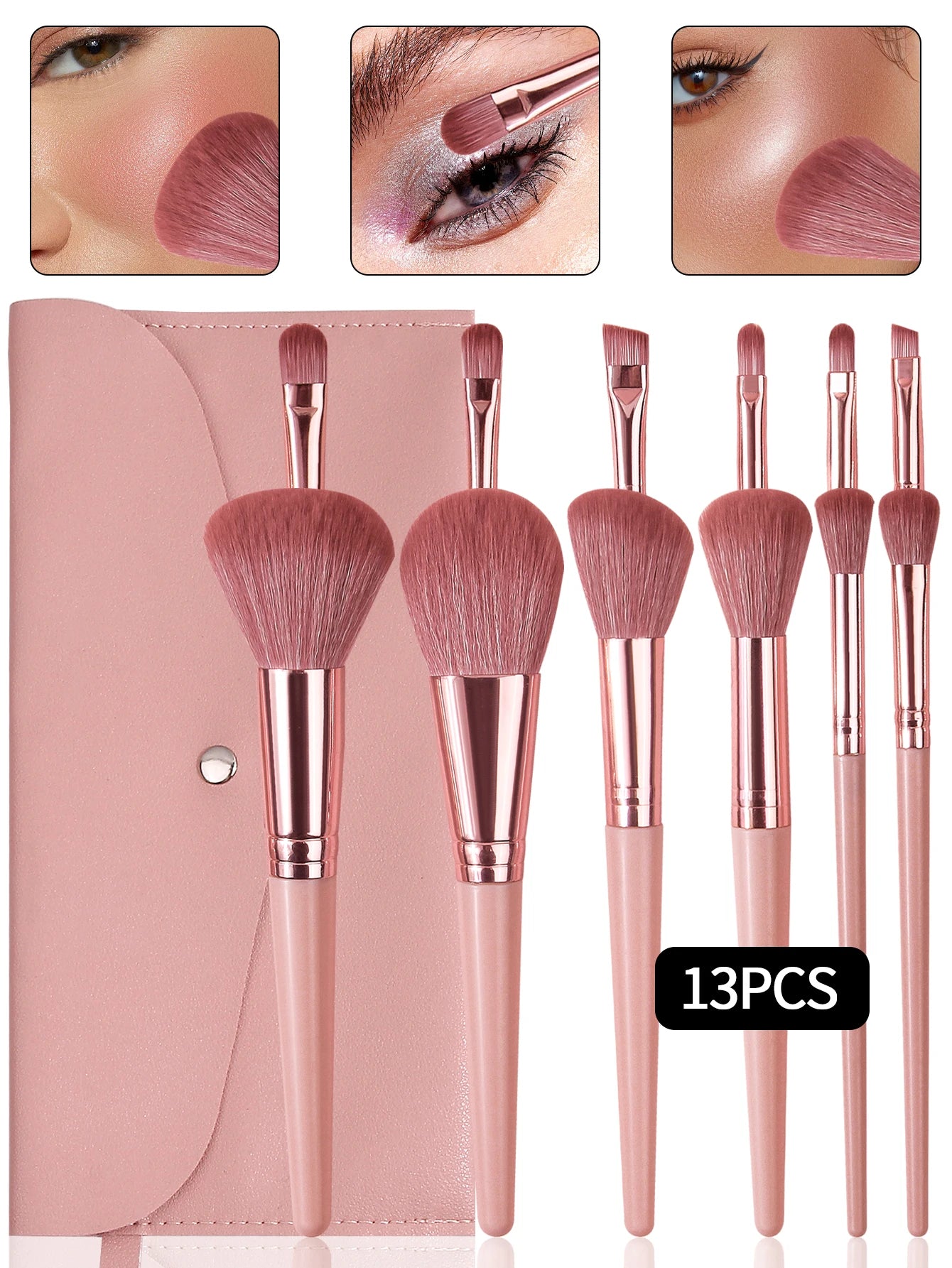 13pcs makeup brush set comes with a portable envelope, makeup brush bag, blush, loose powder and eyeliner brushess