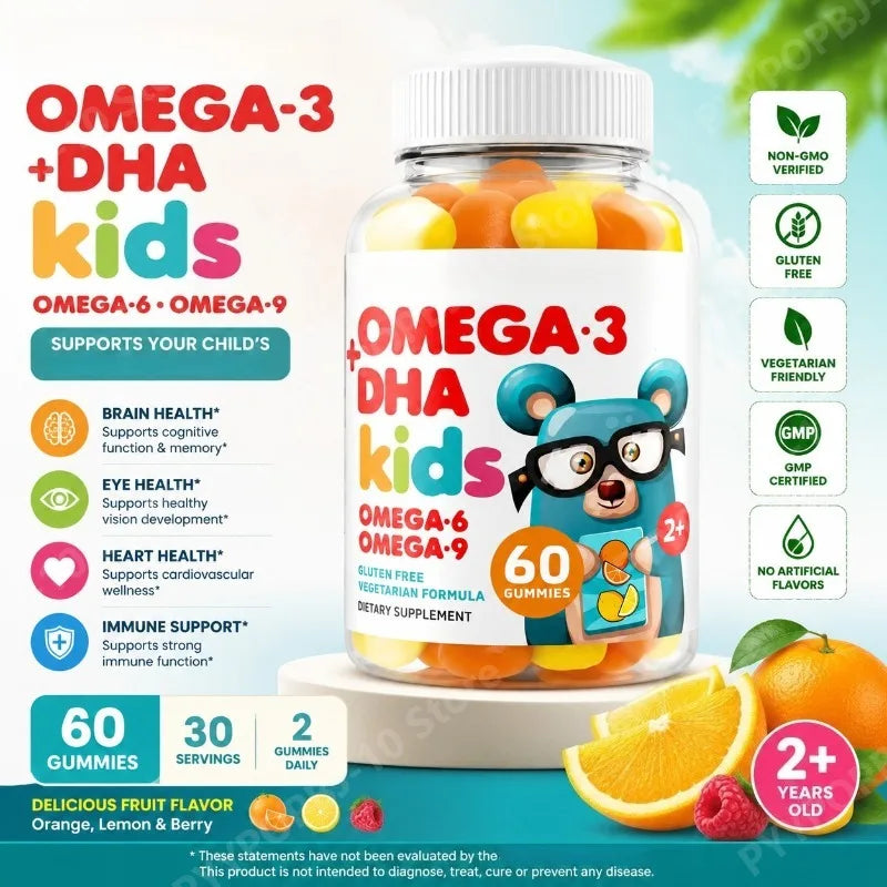 Kids Omega 3 DHA Gummies with Omega 6 & 9, Vitamin C for Brain, Eye & Heart Support, Vegetarian Gluten Free, Ages 2+, 60 Count