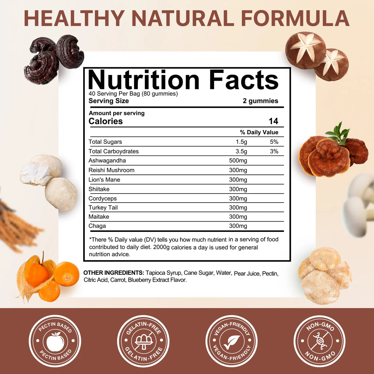ArtoaLabs Mushroom Gummies with Ashwagandha Functional Mushroom Blend for Immune Support, Focus & Energy Daily 80 Gummies