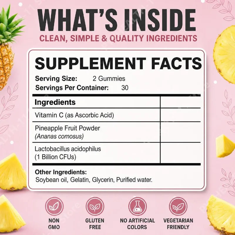 Feminine Balance Gummies Odor-Reducing Pineapple with Vitamin C and Lactobacillus Acidophilus 1 Billion CFUs 60 Gummies
