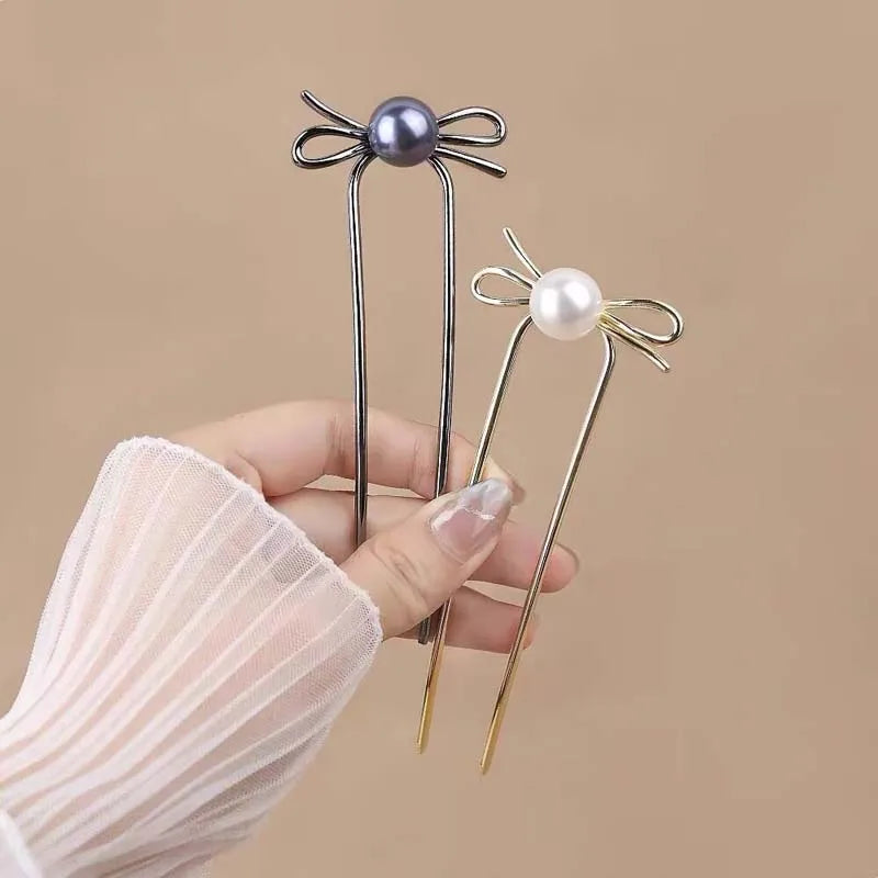 Fashion Metal Bow Pearl U-shaped Hair Stick For Women Simple Gold Color Crystal Bun Hair Combs Maker Hair Styling Accessories