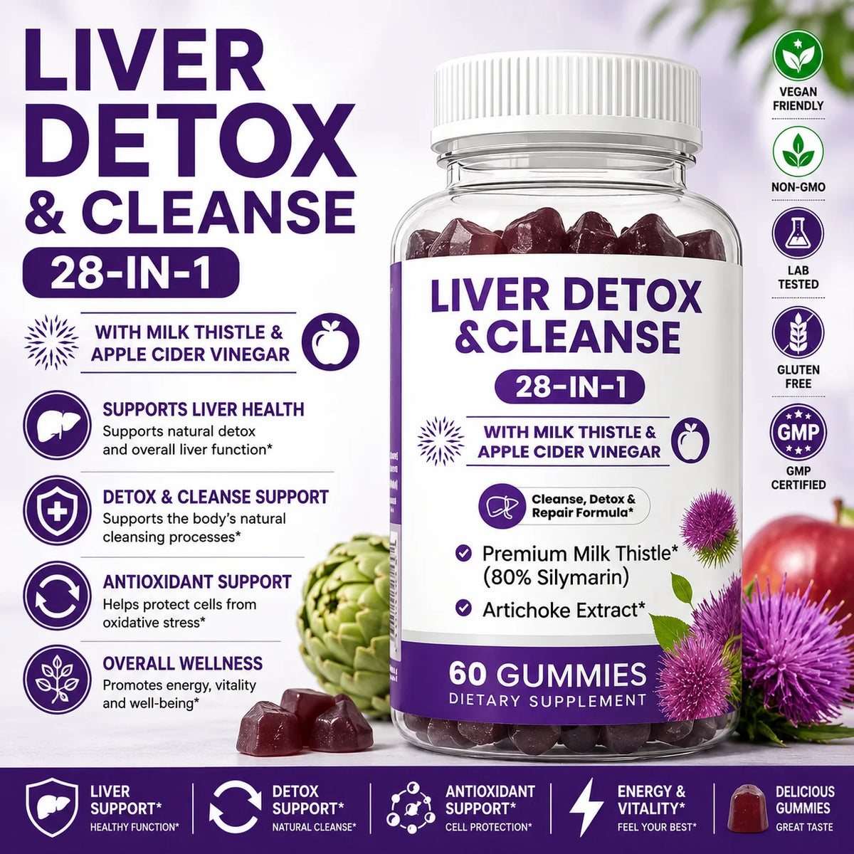 28 in 1 Milk Thistle Gummies Apple Cider Vinegar 60 Count 80% Silymarin Artichoke Extract Daily Herbal Wellness Supplement