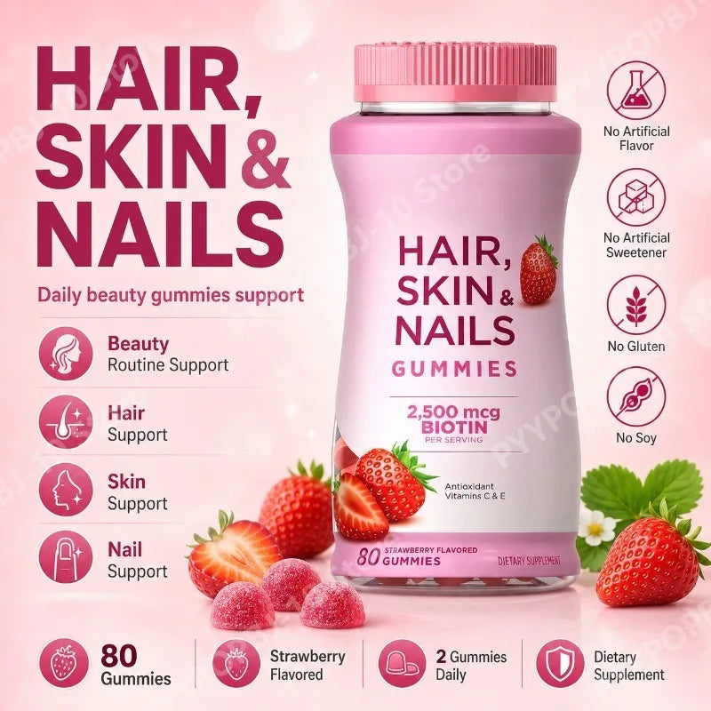 Hair Skin Nails Gummies with Biotin 2500mcg Vitamins A C E Strawberry Flavored Daily Beauty Support 80 Gummies