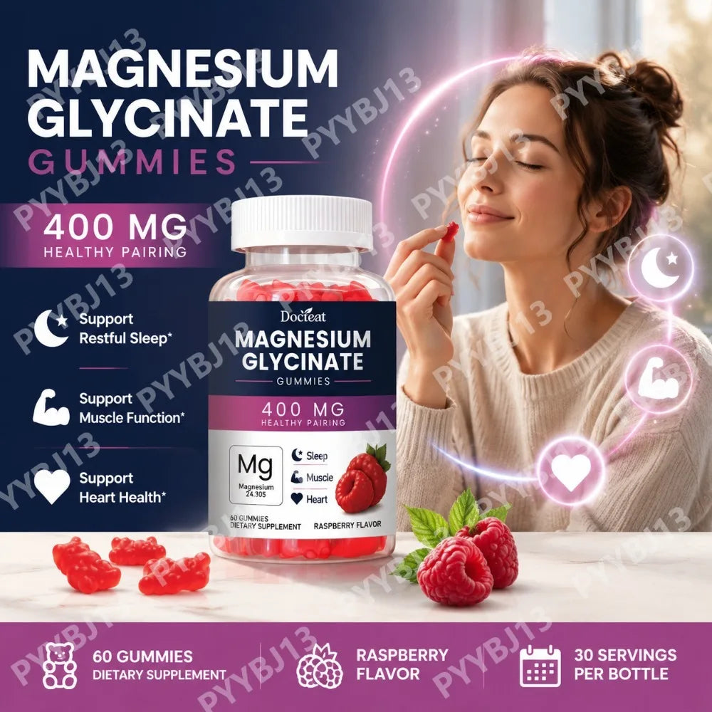 Docteat Magnesium Glycinate Gummies with L-Theanine Tart Cherry Vitamins B6 B12 D3 Daily Relaxation Support Raspberry 60 Count