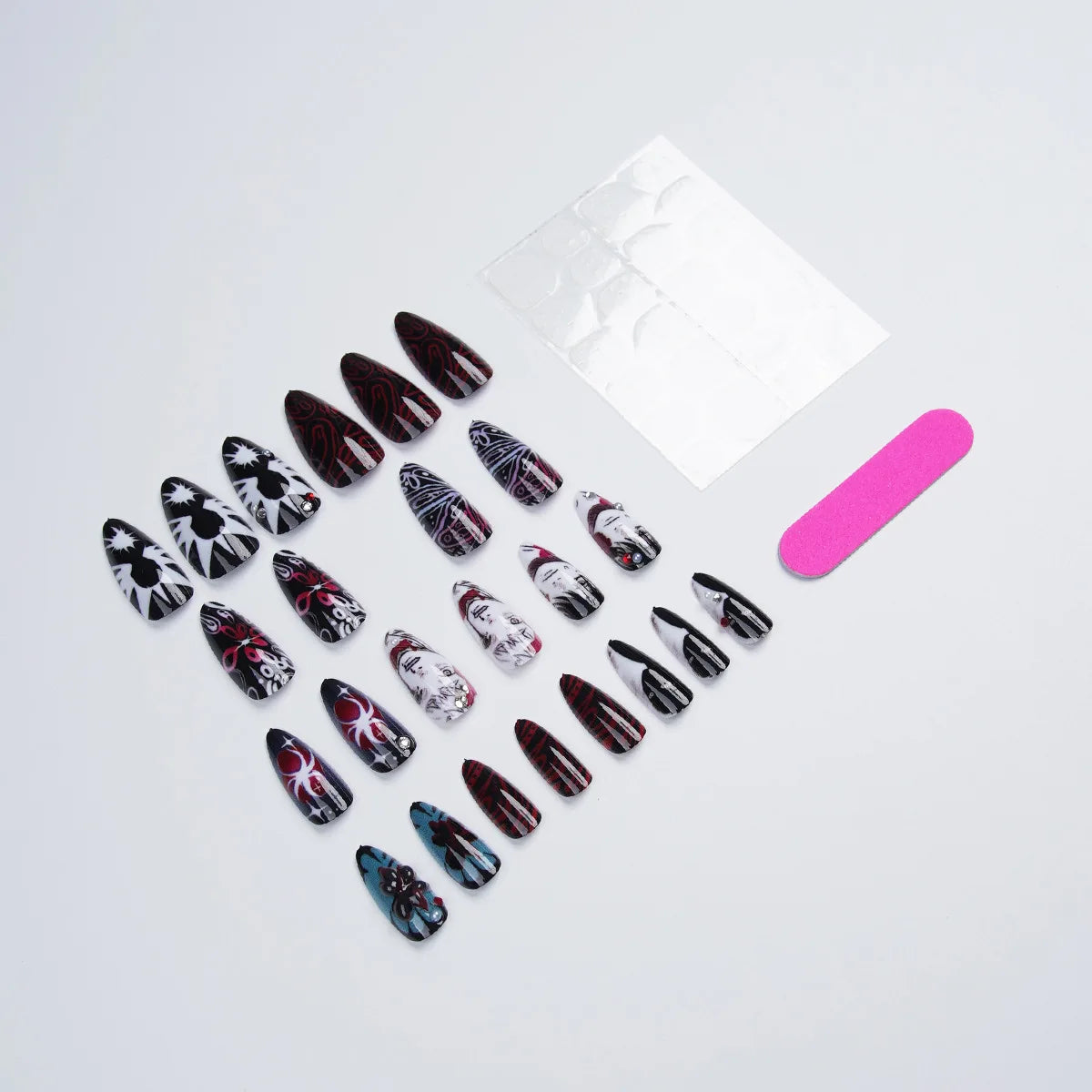 24pcs Anime Manga Press On Nail Black Red Gothic Oval False Nail 3D Rhinestone Spider Flower Fake Nail Y2K Almond Nail for Women