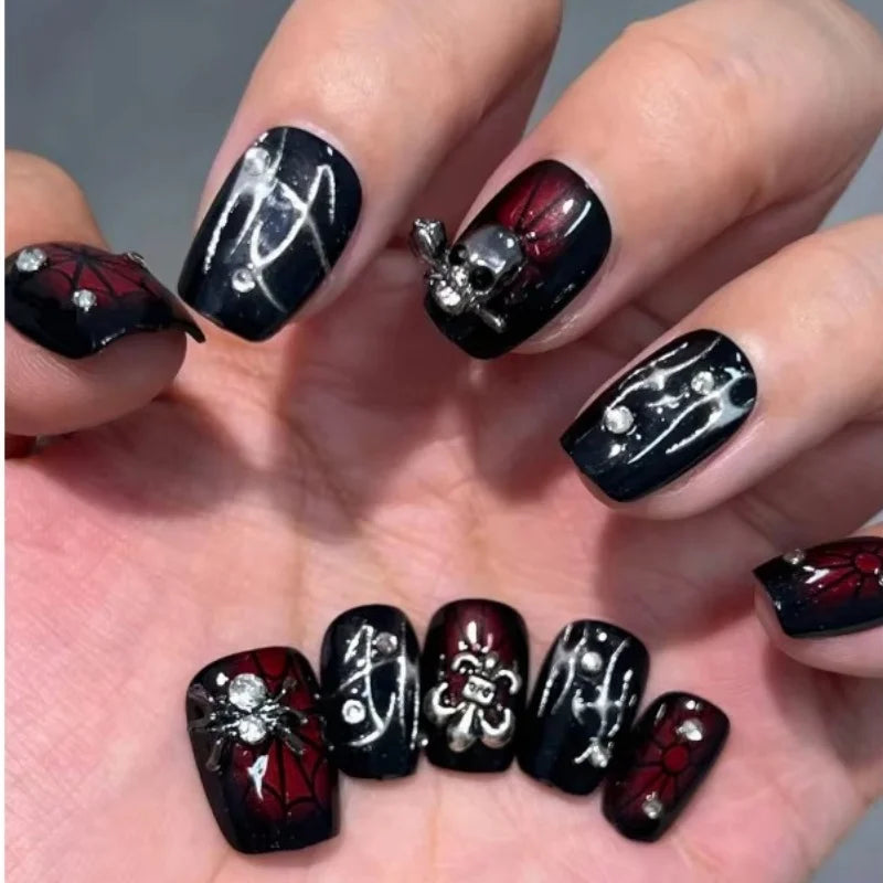 10Piece Handmade Nail Short Nail Pressing Nail Fake Nails3dSpider Ornament Spider Web Pattern Dark Series Removable Reuse