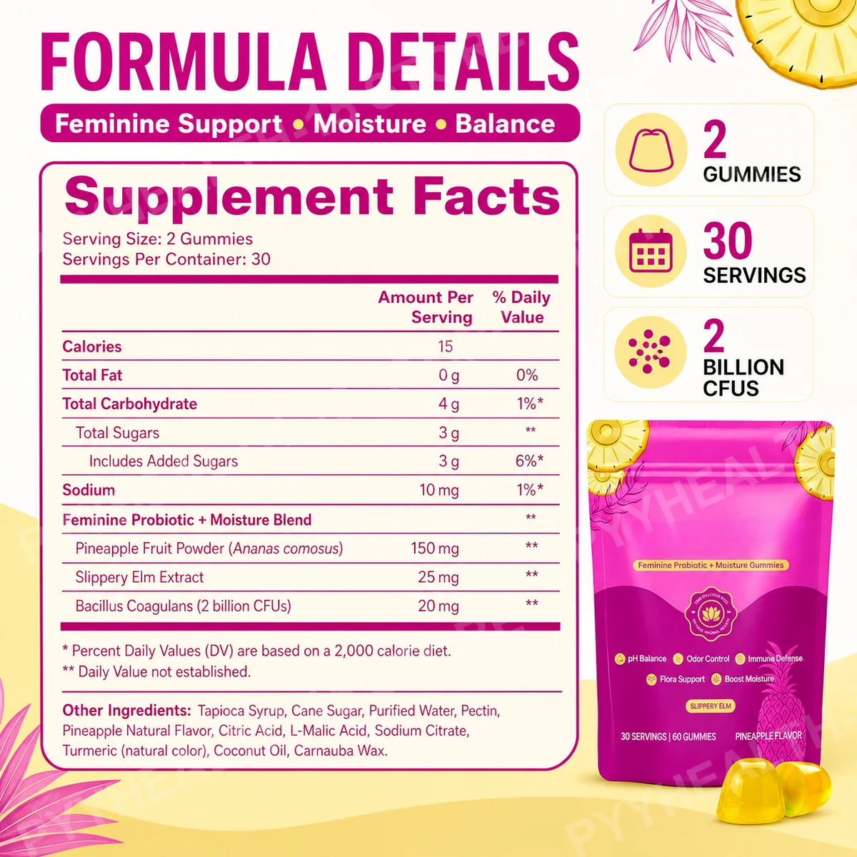 Women's Probiotic Gummies 2B CFUs, Feminine Daily Balance, Flora Wellness, Moisture Comfort, Pineapple Flavor, 60 Gummies
