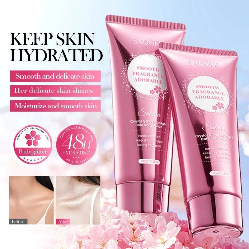 SADOER Sakura Fragrance Body Lotion Moisturizing Hydrating Whitening Body Glitter Cream Neck Hand Arm Leg Skin Care Products