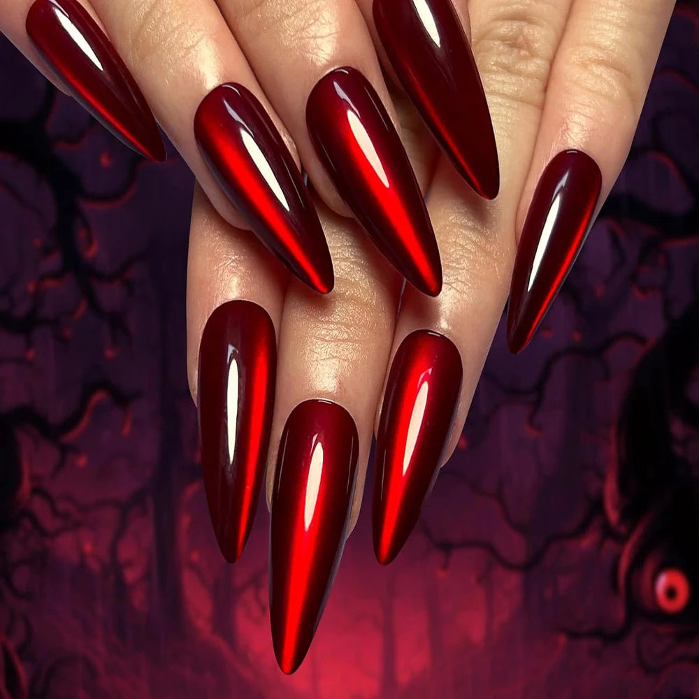 30/24Pcs Blood-Red Crystal Cat Eye Press on Nails Long Almond Solid Color Full Cover Fake Nail Y2K Halloween Wearable Nails Tips