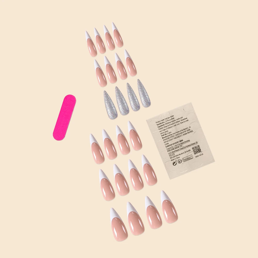 Women Summer Nails Long Stiletto Pink White Color Blocking French Silver Glitter Powder Full Coverage Wearable Fake Nail Set