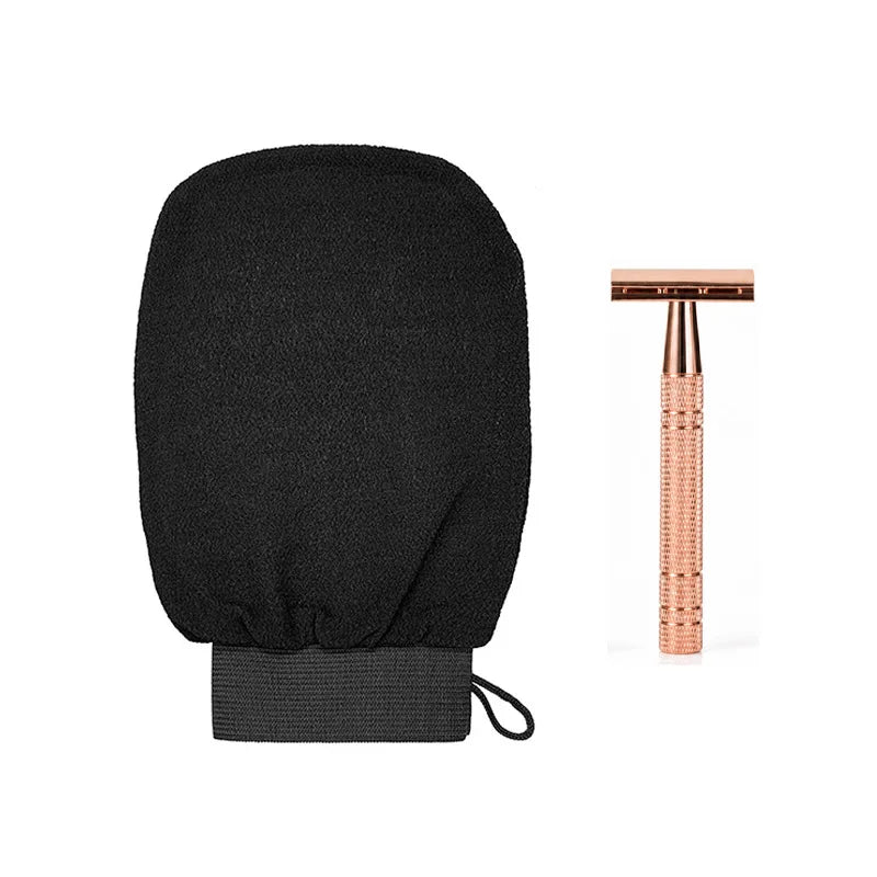Body Exfoliating Glove & Classic Metal Safety Razor Combo No Razor Blades Dead Skin Remover Bath Shaving Tool Set