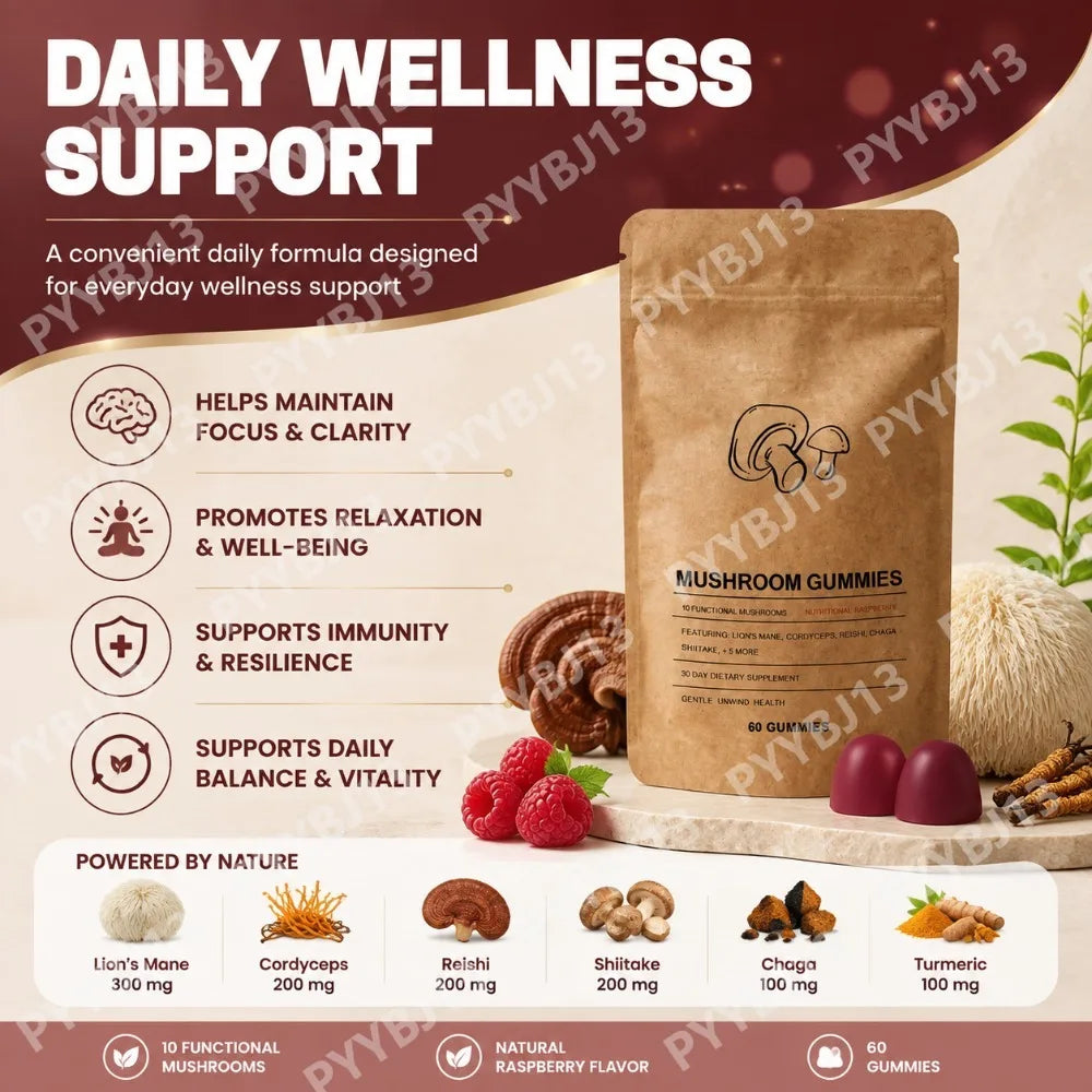 Mushroom Gummies with Lion's Mane Cordyceps Reishi Chaga, 8 Mushroom Blend with Vitamins C B6 D3, Raspberry Flavor, 60 Gummies