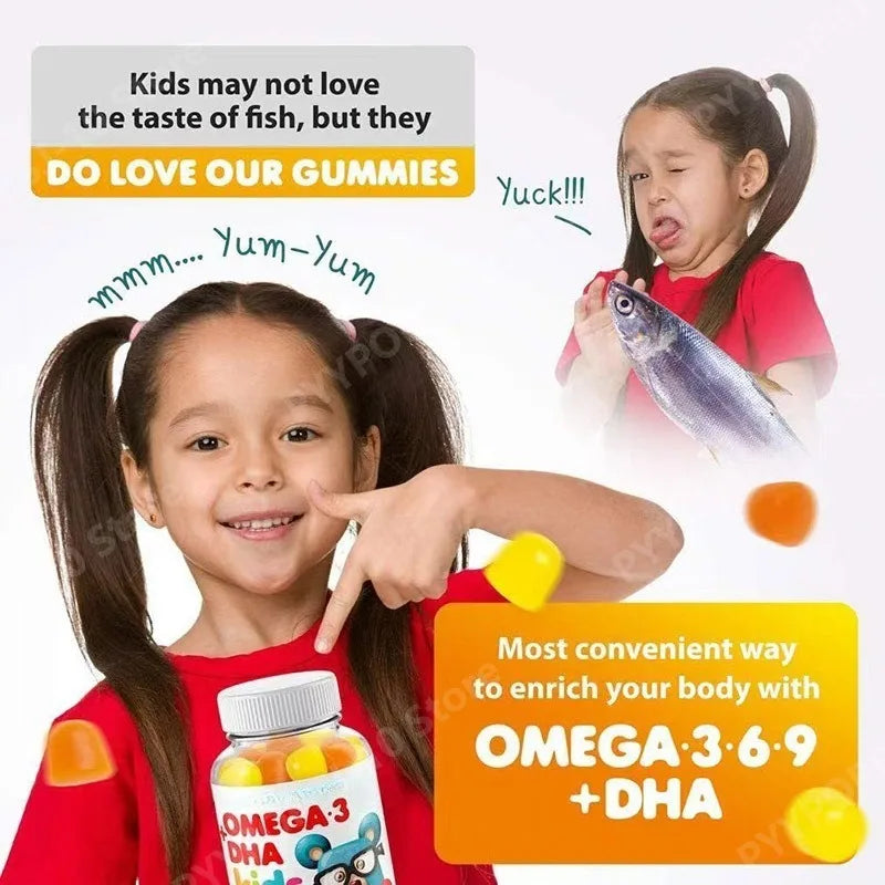 Kids Omega 3 DHA Gummies with Omega 6 & 9, Vitamin C for Brain, Eye & Heart Support, Vegetarian Gluten Free, Ages 2+, 60 Count