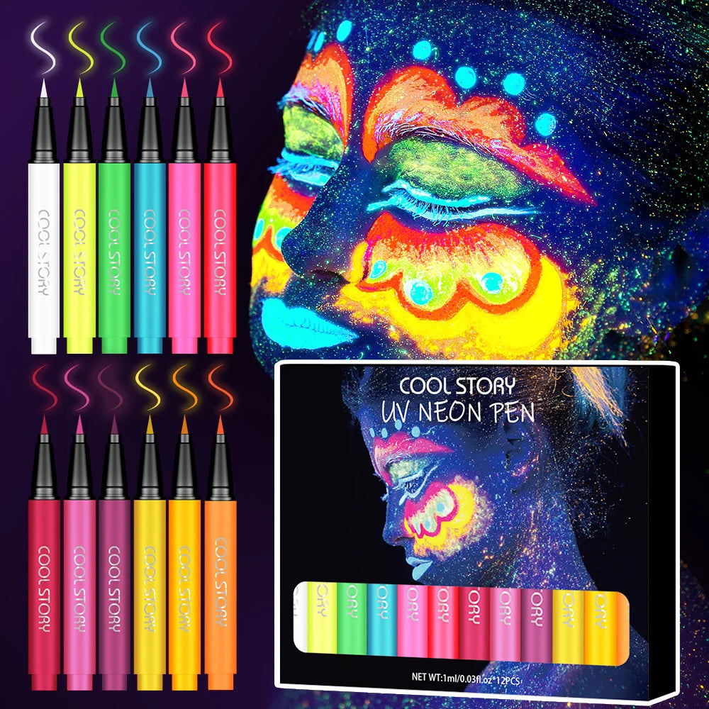 12pc Eyeliner Pencil Set,Eyeshadow Pen with Fluorescent UV Glow,Neon Body Paint Liquid Eyeliner Makeup Pen for Music Festival