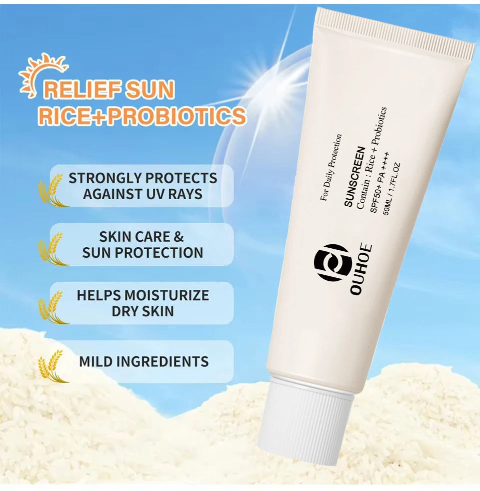 SPF50+ Sunscreen Korean Rice Probiotic Solar Blocker Skin Whitening Cream Anti UV Sun Block Facial Mild Moisturizer Serum 50ml