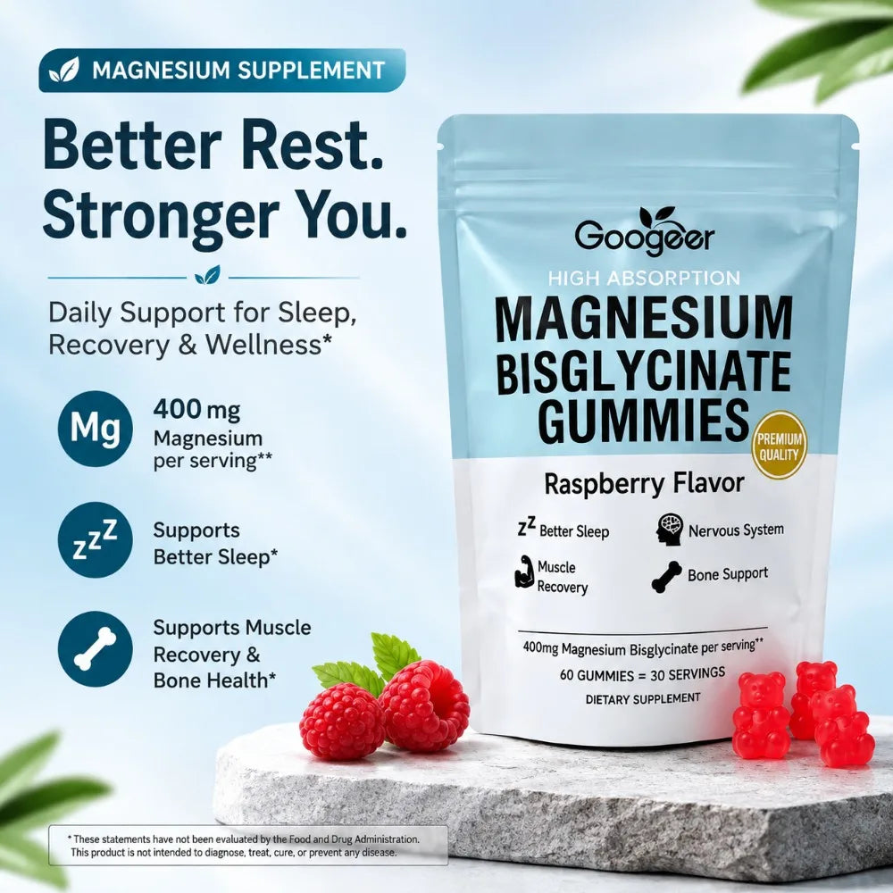 Magnesium Bisglycinate Gummies 400mg High Absorption for Sleep, Muscle Recovery & Bone Support with D3 & Zinc, Raspberry 60 Ct