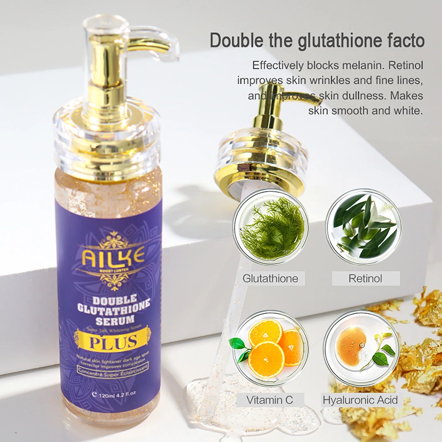 AILKE Double Glutathione Plus Whitening Serum For All Skin Types, Reduce Black And Dark Spots, Moisturizing, 120ml/4.2 fl oz