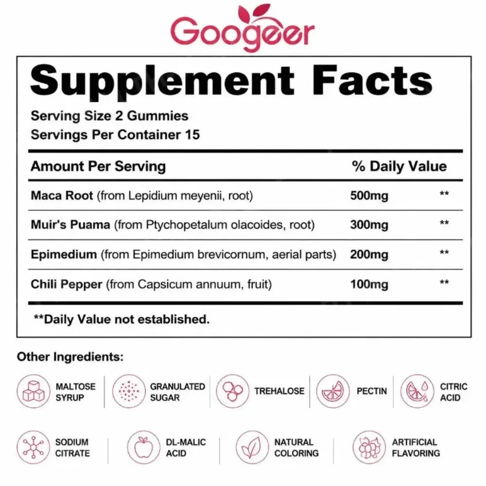 Maca Root Gummies with Muira Puama Epimedium and Chili Pepper for Daily Balance Calmness Vitality Overall Wellness, 30 Gummies