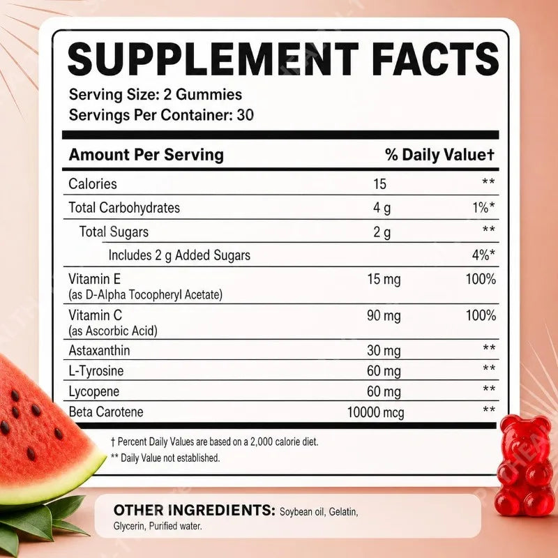 Tanning Gummies Watermelon Flavor with Lycopene Astaxanthin and Beta-Carotene for Skin Tone Support and Glow 60 Gummies