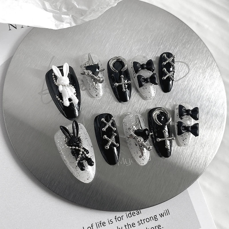 10pcs Pure Handmade Almond Shaped Nail Art, Beautiful Fake Nails, Halloween Black and White Bunny Design, Suitable for Women