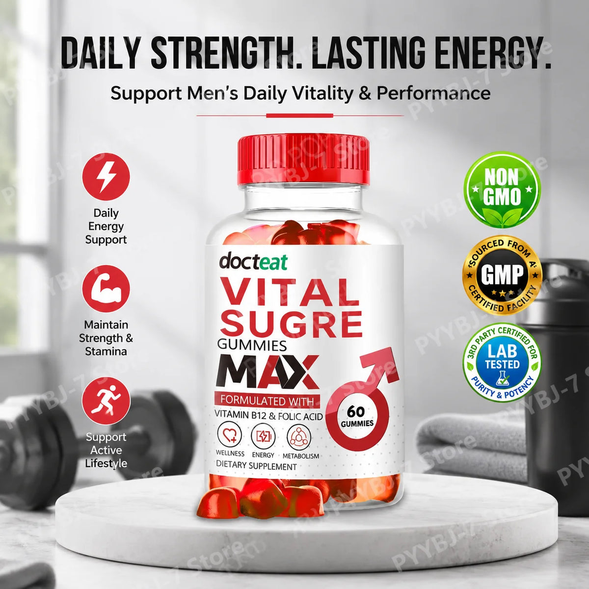 Men’s Energy Gummies 60 Count with Folic Acid Beet Root Apple Cider Vinegar VitaminB12 Daily Vitality Strength Endurance Support