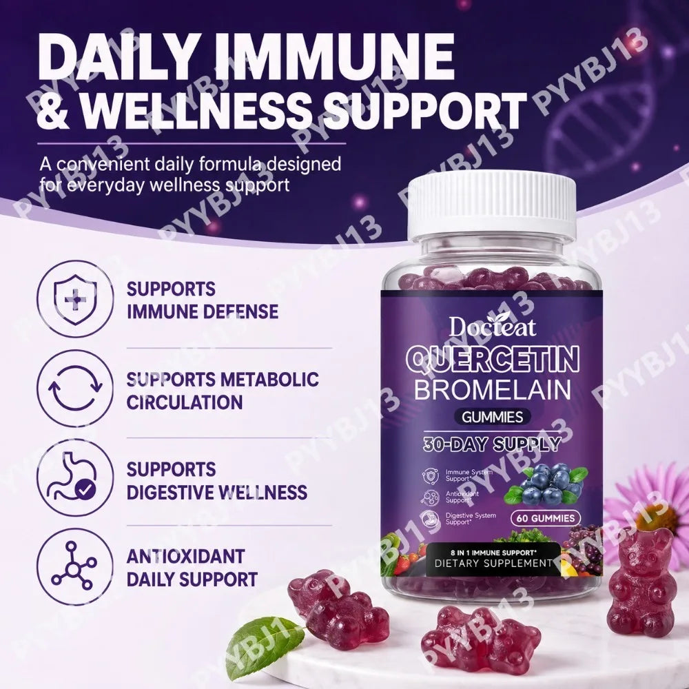 Docteat Quercetin Bromelain Gummies with Vitamin C, D3, K2, Zinc, Elderberry and Echinacea for Daily Wellness Support, 60 Count