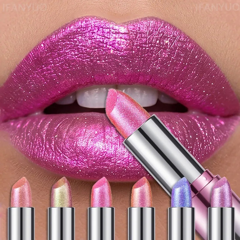 14Color Metallic Violet Lipstick Polarizing Pigment Diamond Glitter Lipgloss Waterproof Lasting Gold Pearl Shine Sexy Lip Makeup
