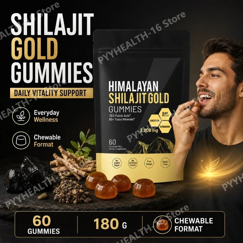 Shilajit Gold Gummies with 75% Fulvic Acid, 85+ Trace Minerals, No Added Sugar, Gelatin Free, No Artificial Colors 60 Gummies