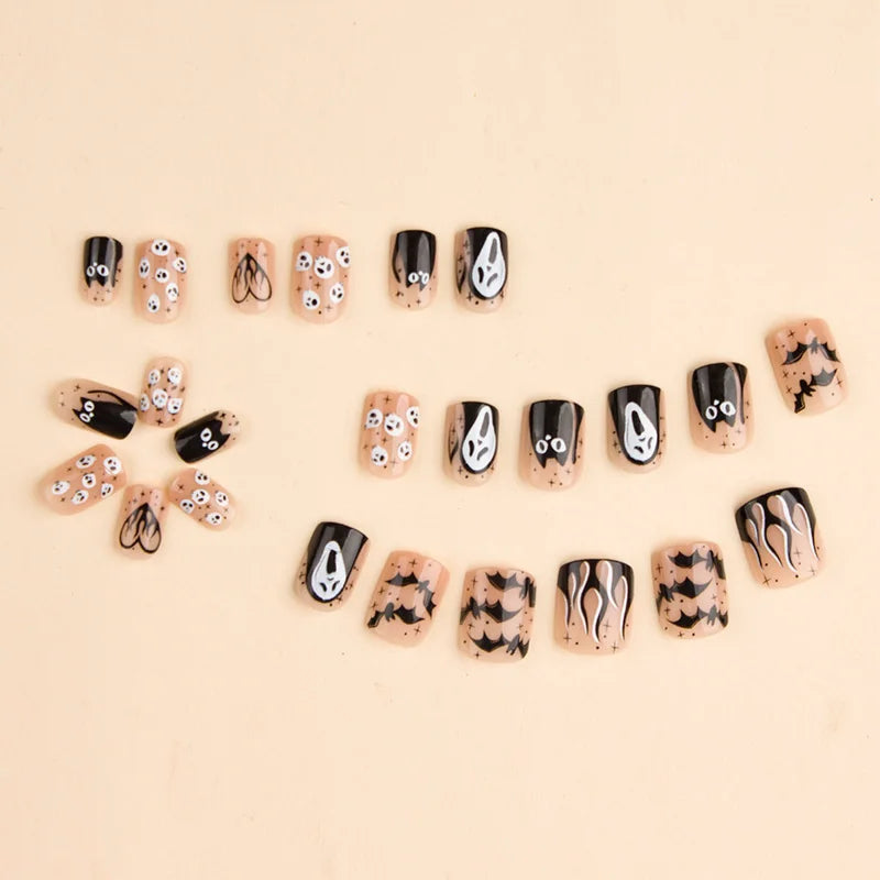 24 Pcs Halloween Skull Full Coverage Press On Nails Fake Nails Reusable False Nail Jelly Tabs Shiny Wear Nail for Women&Girl