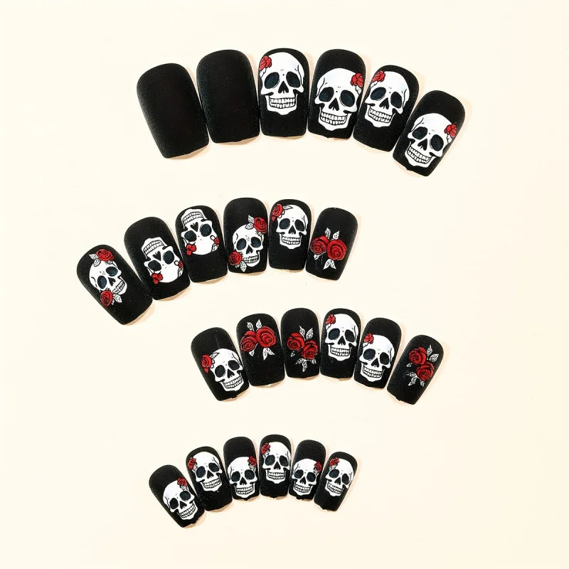 24pcs Halloween nails Black matte rose skull print design full coverage press false nails are suitable for Women's holiday party