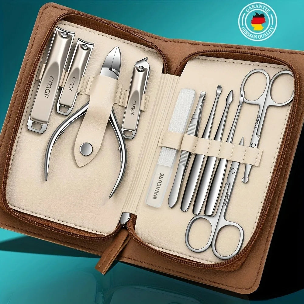 9/11/14pcs Premium Stainless Steel Nail Clipper Set with Brown Leather Pouch - Complete Manicure Kit for Men & Women