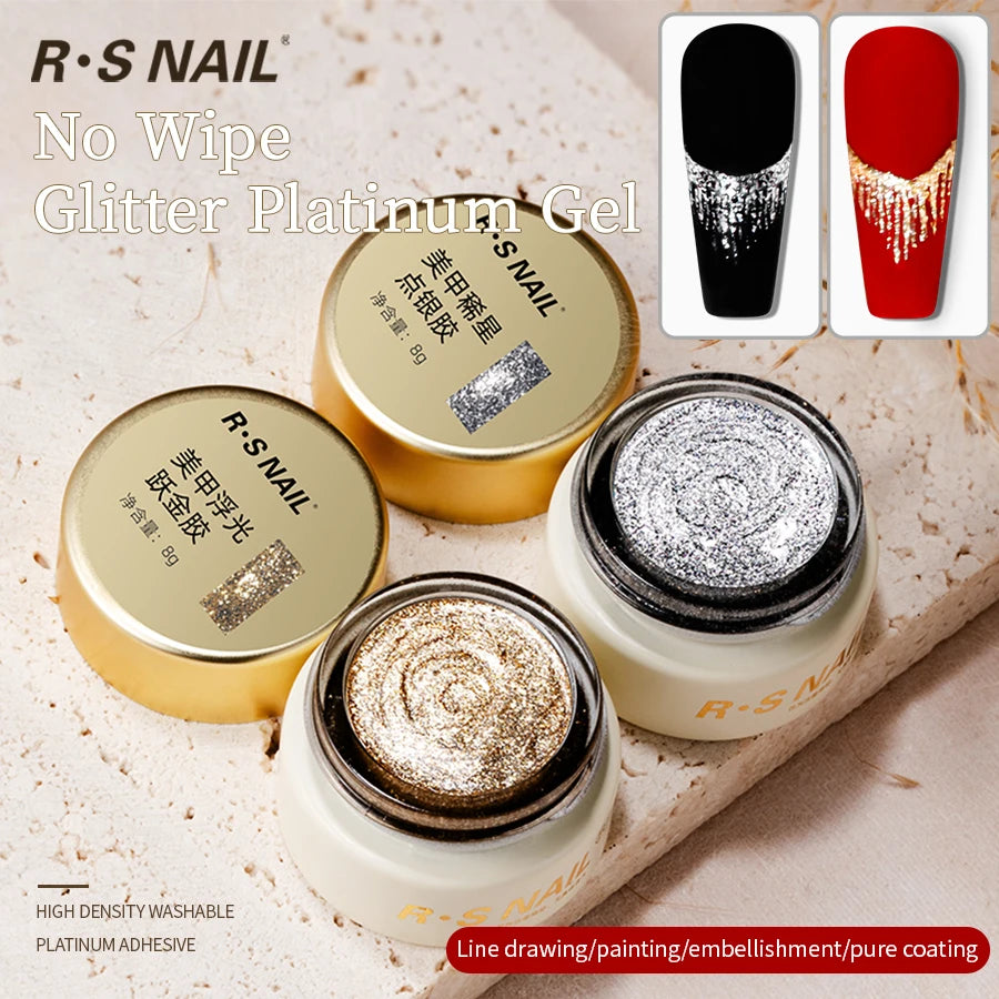 RSNAIL No Wipe Platinum Gel Nail Polish 8g Sparkle Painting Metallic Golden Silvery Liner Gel French Drawing Liner DIY Nail Art