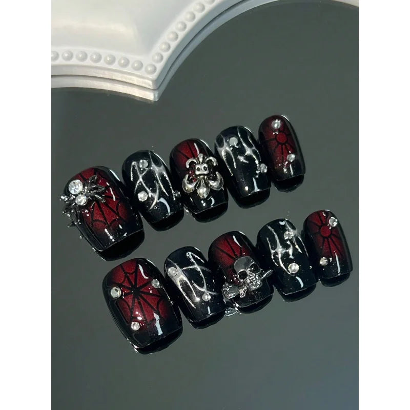 10Piece Handmade Nail Short Nail Pressing Nail Fake Nails3dSpider Ornament Spider Web Pattern Dark Series Removable Reuse