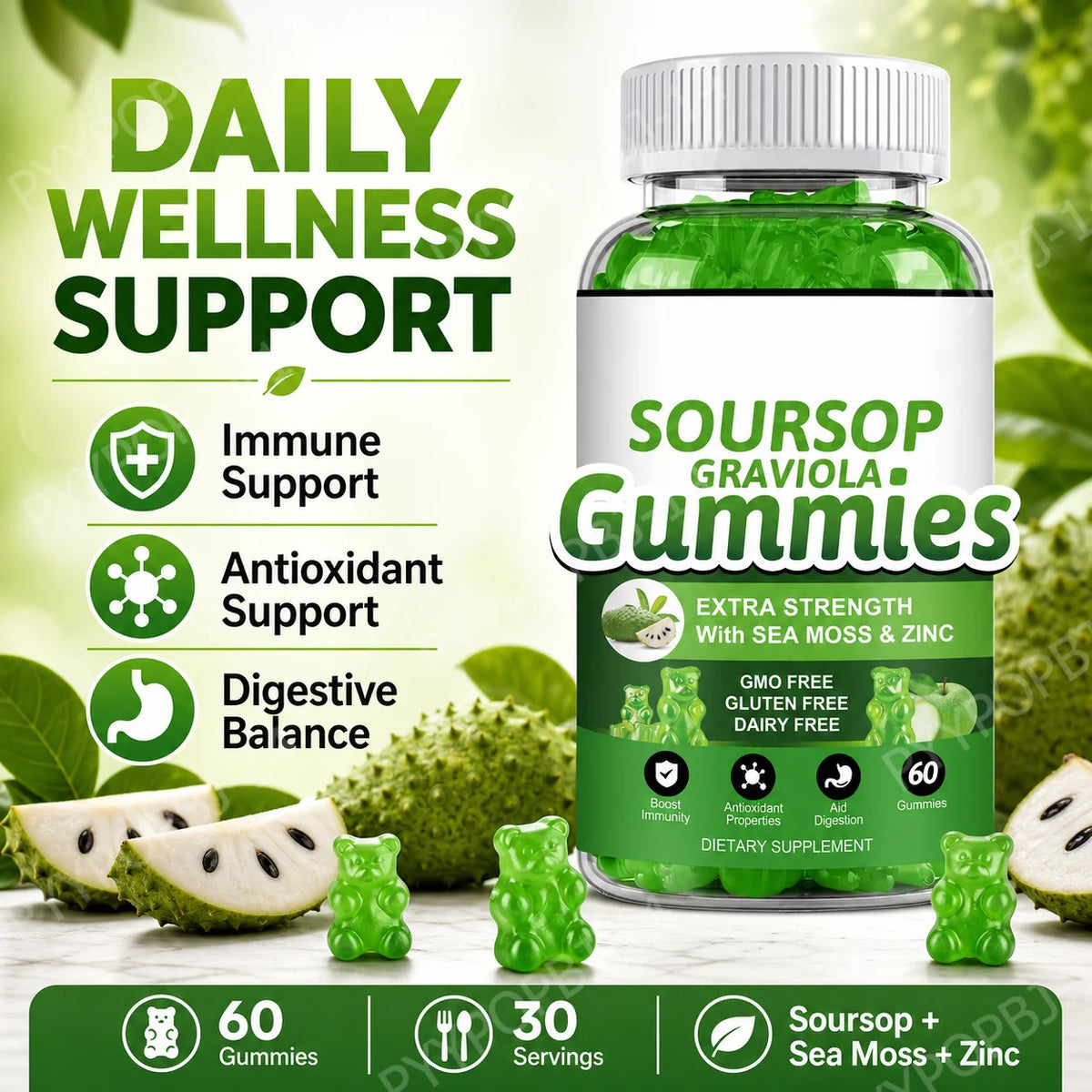 Soursop Graviola Gummy with Soursop Leaf Extract Sea Moss and Vitamin C Enhance The Immune System and Assist Digestion 60Count