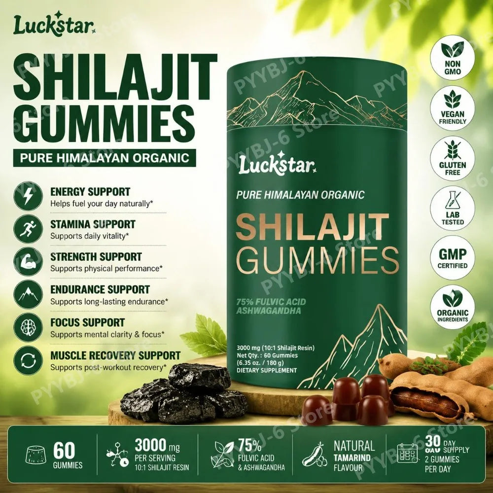 Luckstar Shilajit Gummies 3000mg Himalayan Shilajit Resin with Ashwagandha Fulvic Acid Energy Stamina Focus Support 60 Gummies