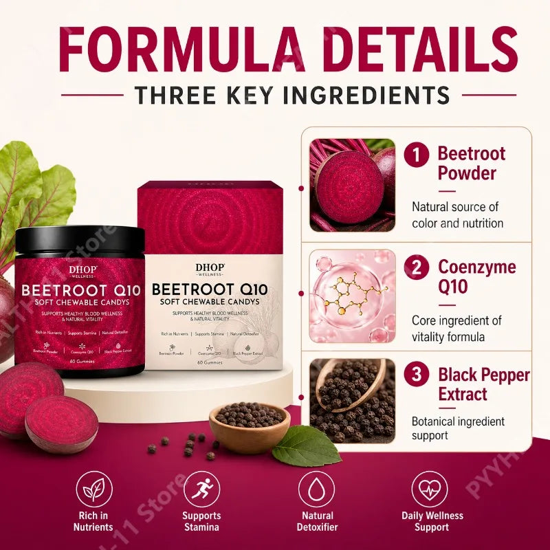 DHOP Beetroot Q10 Gummies Daily Wellness Support Beetroot Powder Coenzyme Q10 Black Pepper Extract Men Women 60 Gummies