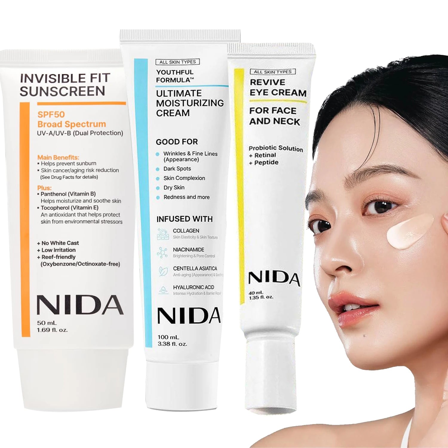 NIDA Moisturizing Cream+Sunscreen SPF 50 Cream Centella+Retinal Peptide Eye Cream Hyaluronic Acid Collagen Fine Lines Wrinkles