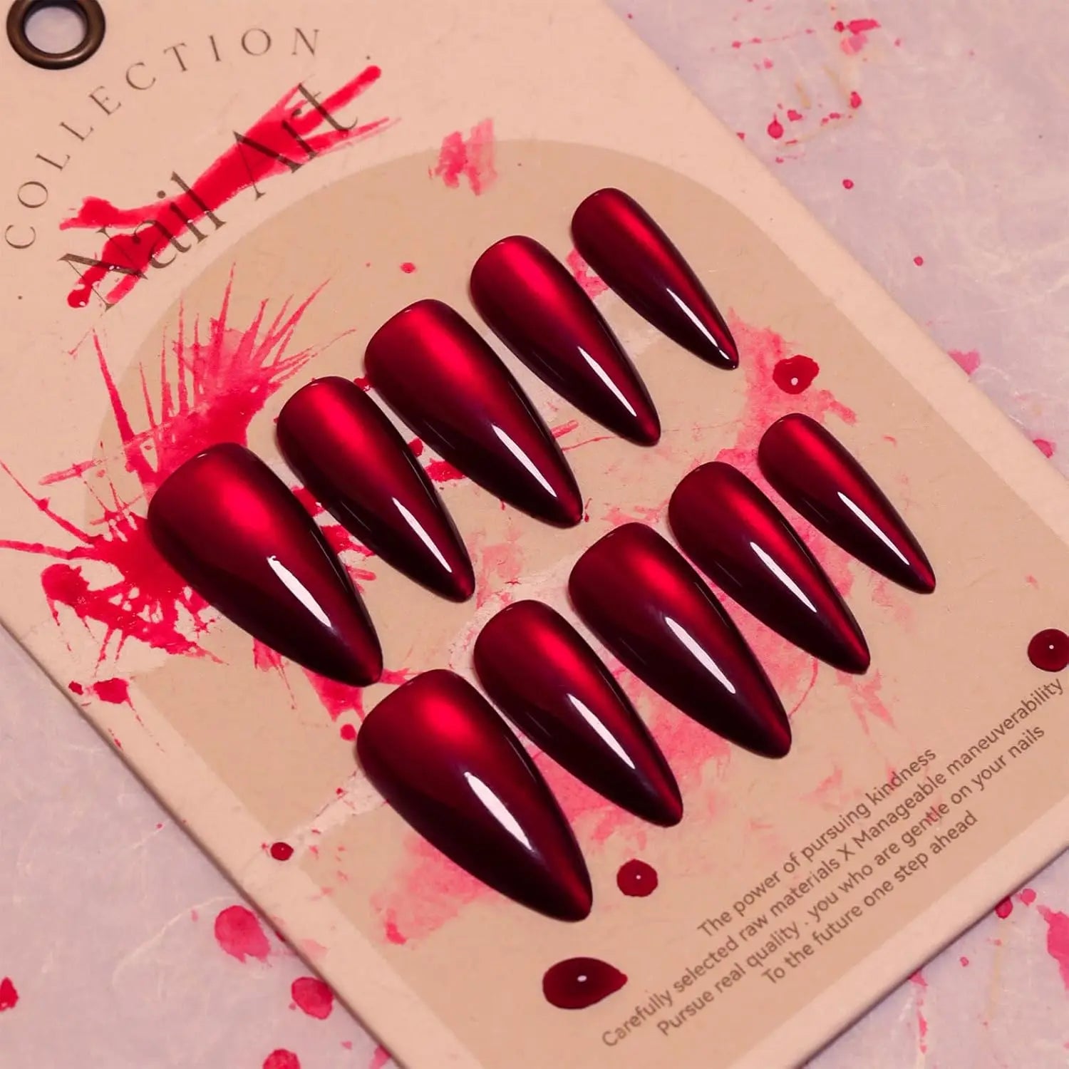 30/24Pcs Blood-Red Crystal Cat Eye Press on Nails Long Almond Solid Color Full Cover Fake Nail Y2K Halloween Wearable Nails Tips