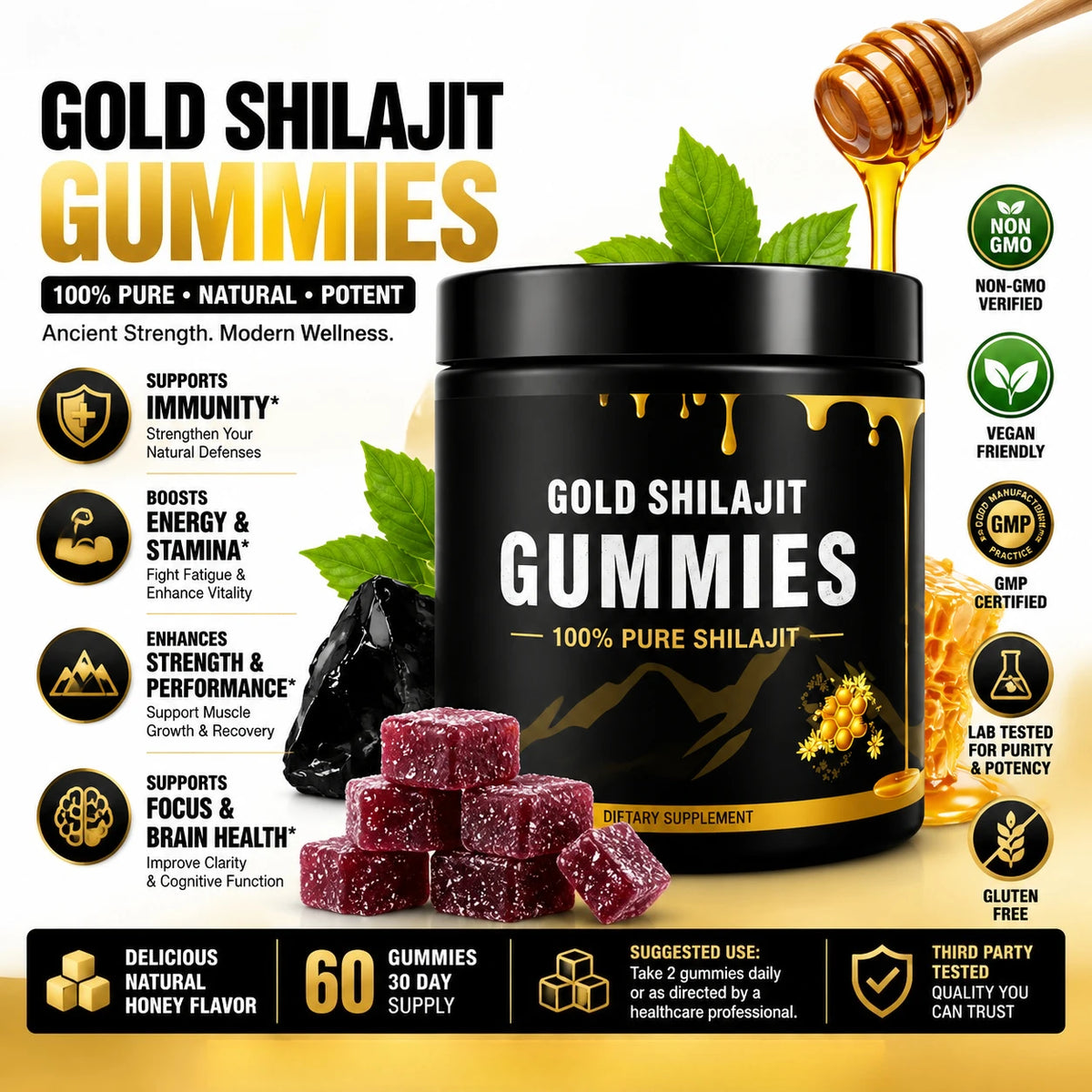 Premium Shilajit & Manuka Honey Vegan Gummies, 30 Count, Non-GMO, Sugar Free, Daily Nutrition & Cognitive Wellness Support