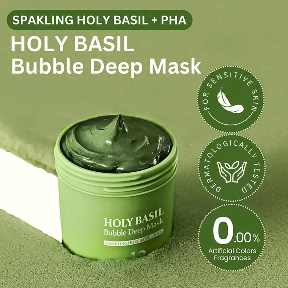 Holy Basil Bubble Deep Mask Reduce Refine Pores Cleansing Blackhead Exfoliating Sparkling PHA Clay Smear Mud Film Green Mask