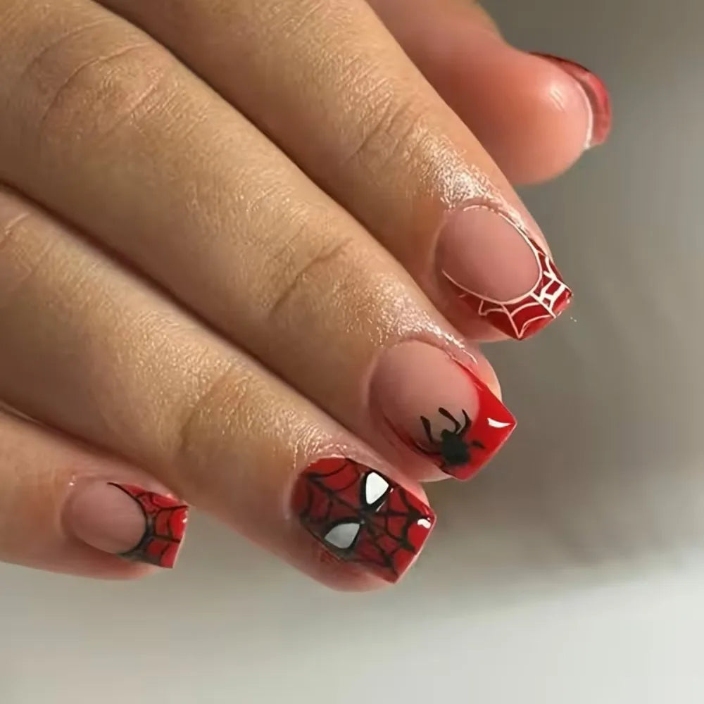 24PCS Halloween Spooky Spider Web Press on Nails Red Glossy Square Fake Finger Art Tips Gothic Party Acrylic False Nail
