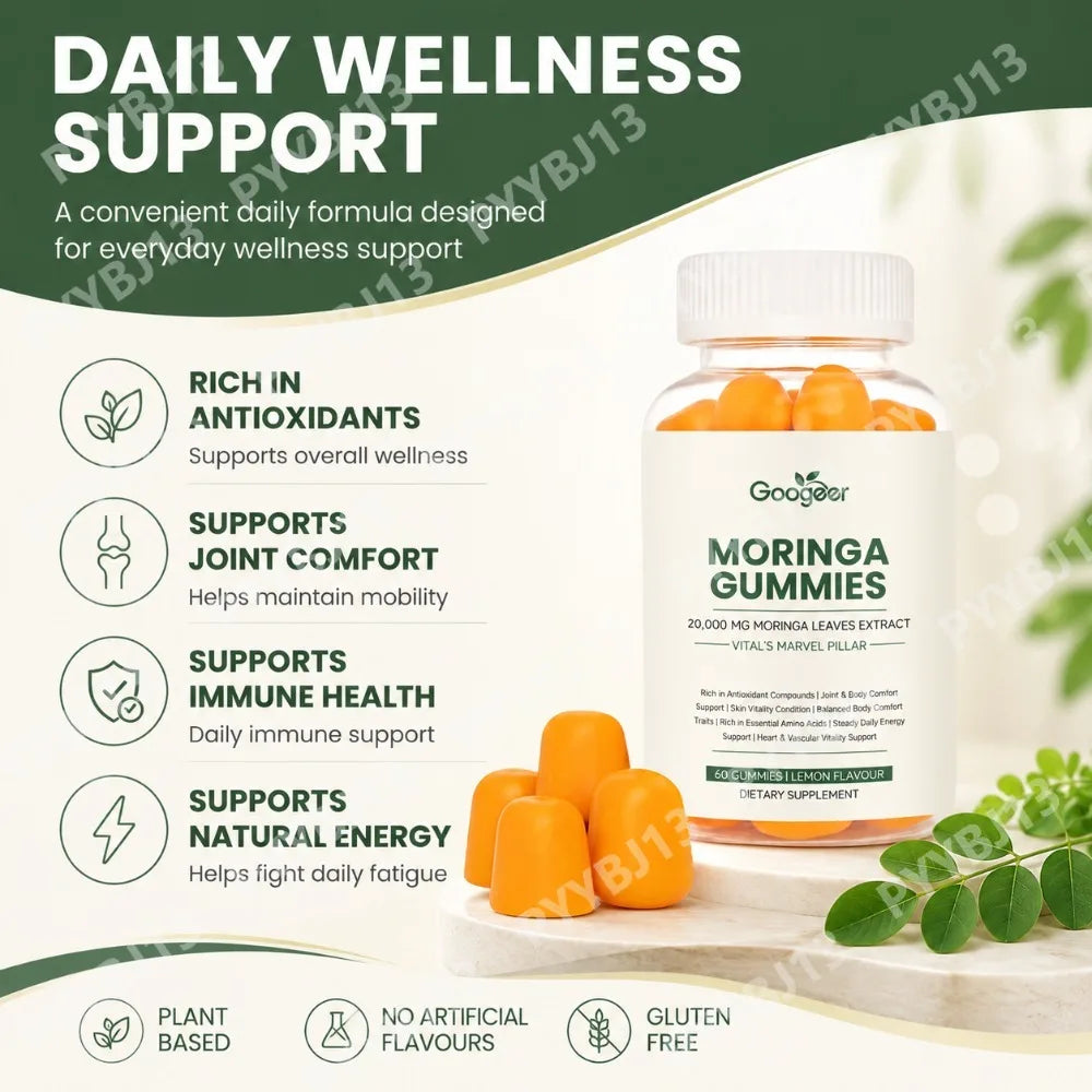 Googeer Moringa Gummies with Moringa Leaf Extract, Antioxidant & Daily Wellness Support, Lemon Flavor, 60 Gummies Supplement
