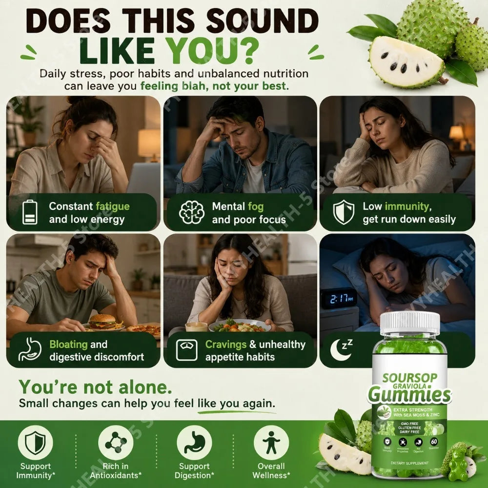 Soursop Graviola Gummies 2000mg with Sea Moss Zinc Vitamin C 60 Ct Vegan Herbal Blend Daily Wellness Supplement