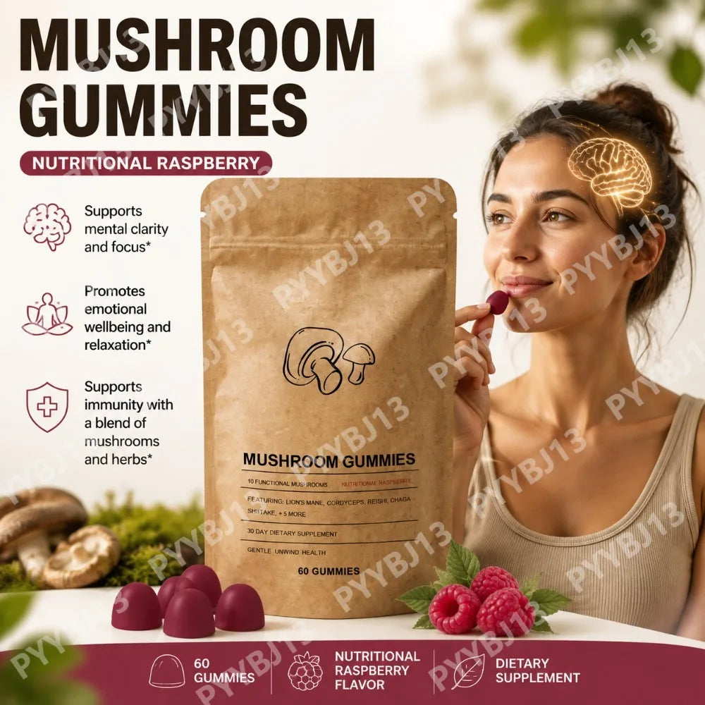 Mushroom Gummies with Lion's Mane Cordyceps Reishi Chaga, 8 Mushroom Blend with Vitamins C B6 D3, Raspberry Flavor, 60 Gummies